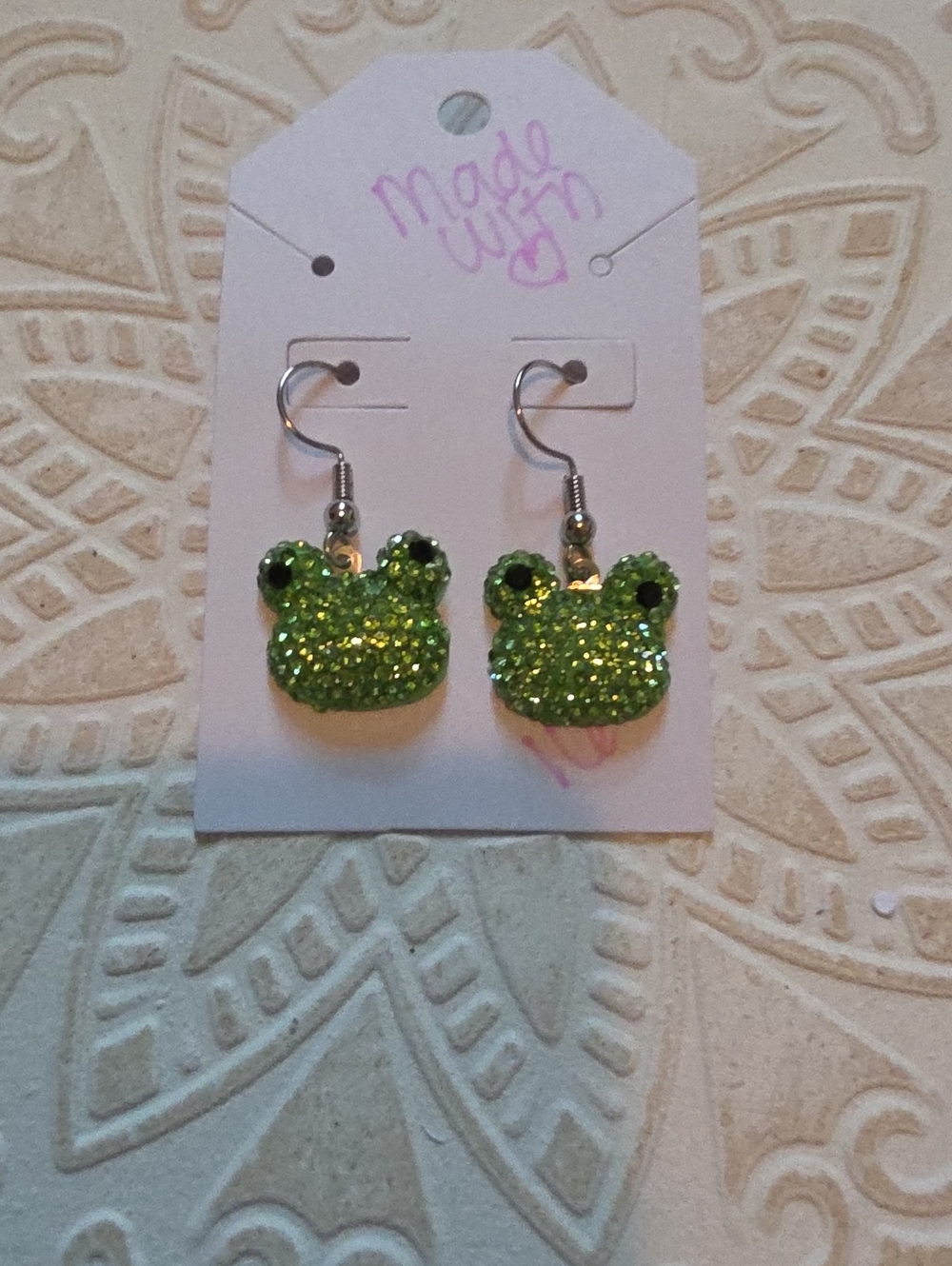 Green Rhinestone Frog Dangle Earrings